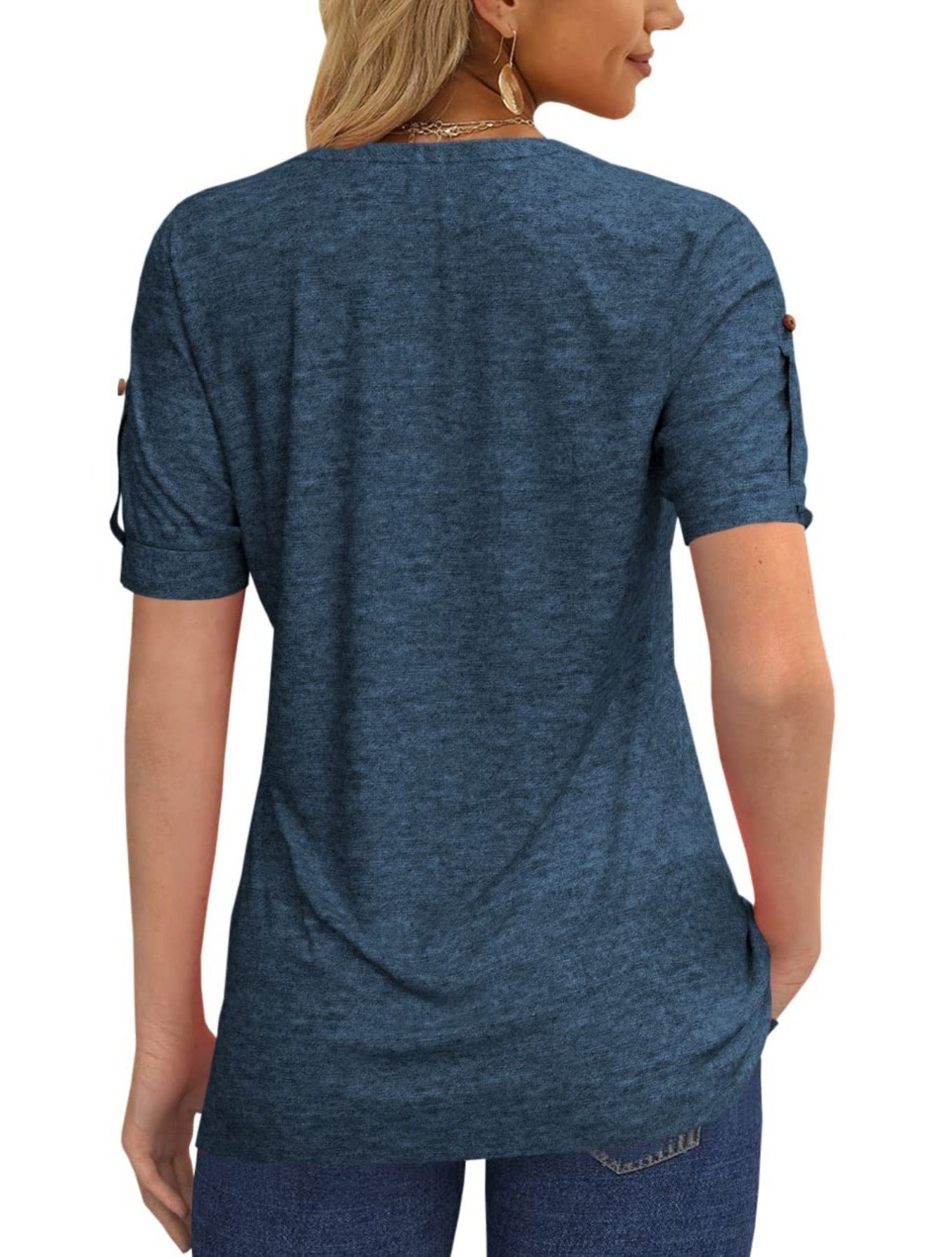 Casual Short-Sleeve Blouse for Women with a Solid Color, Featuring a Pleated Design, Buttoned V-Neck, And a Zipper