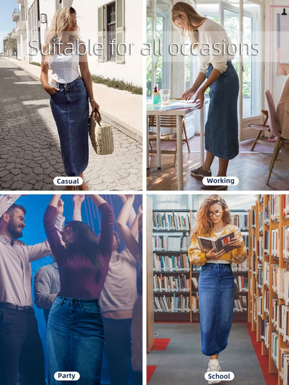 Long Denim Skirt for Women Casual A-Line Denim Maxi Skirt Stretch High Waisted Jean Skirt with Pocket