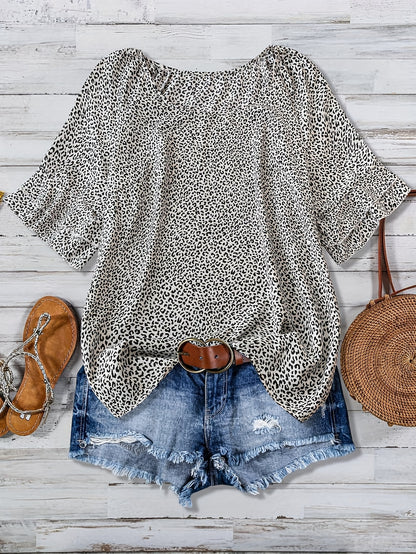 Plus Size Women's Boho Leopard Print Ruffle Sleeve Blouse - Asymmetrical Summer Top with Round Neck, Machine Washable Casual Vacation Shirt for Beach Outings & Warm Weather, Relaxed Setting Apparel, Nontransparent Fabric