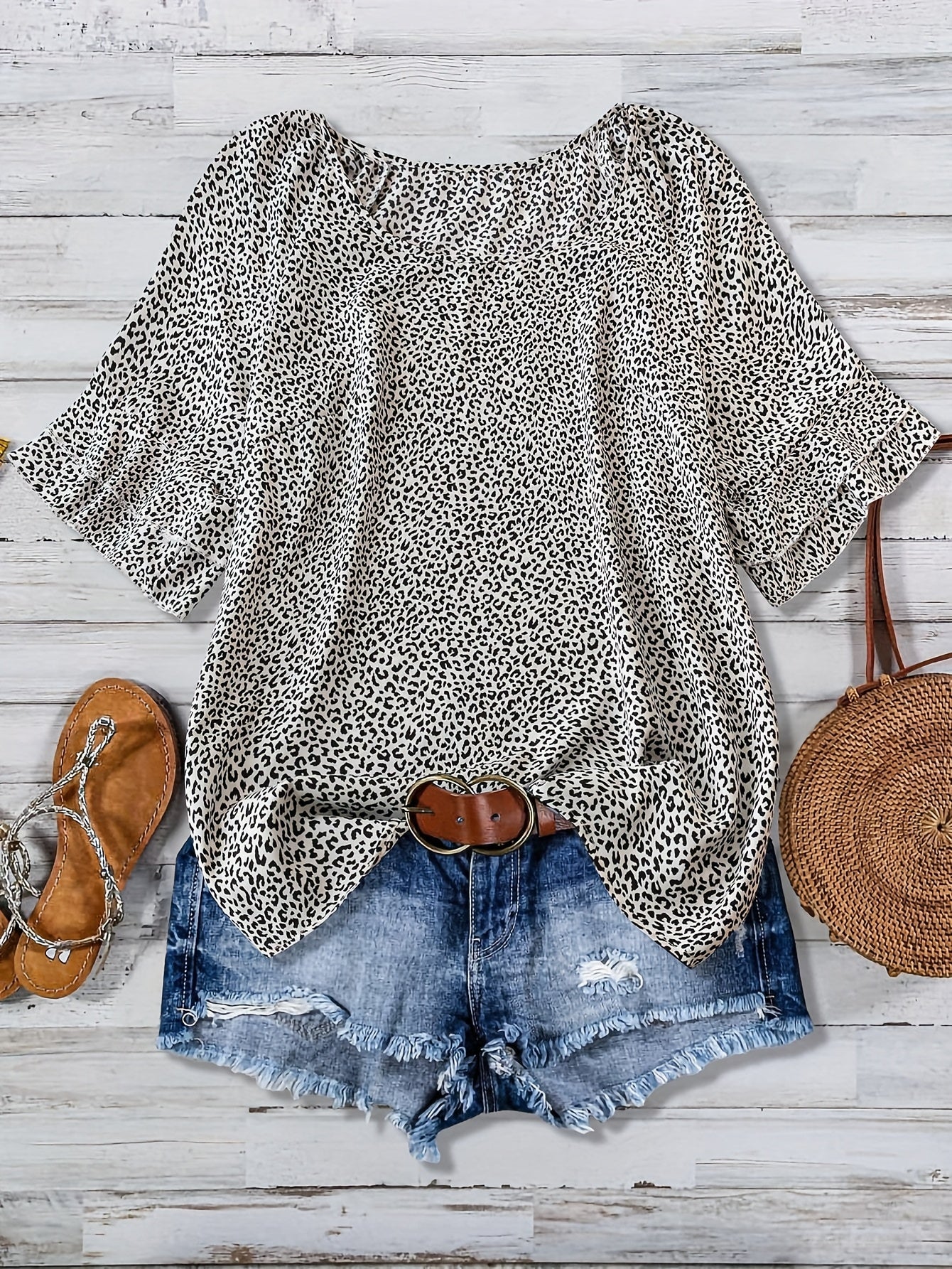 Plus Size Women's Boho Leopard Print Ruffle Sleeve Blouse - Asymmetrical Summer Top with Round Neck, Machine Washable Casual Vacation Shirt for Beach Outings & Warm Weather, Relaxed Setting Apparel, Nontransparent Fabric