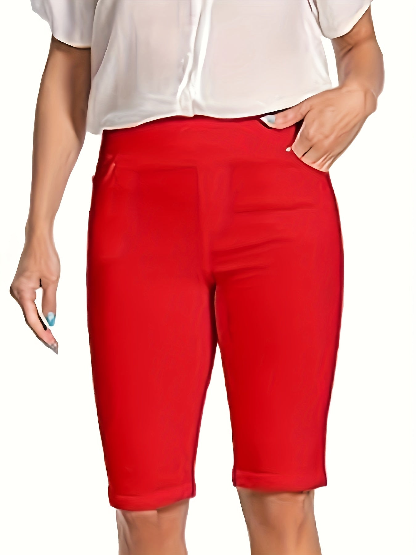 Women's Stretchy Pull On Bermuda Shorts High Waist Office to Vacation Pants, Non See Through Fabric, Machine Washable with 5 Pockets & Cuffed Hem for Everyday, Formal Events Elegant Casual All Season Shorts