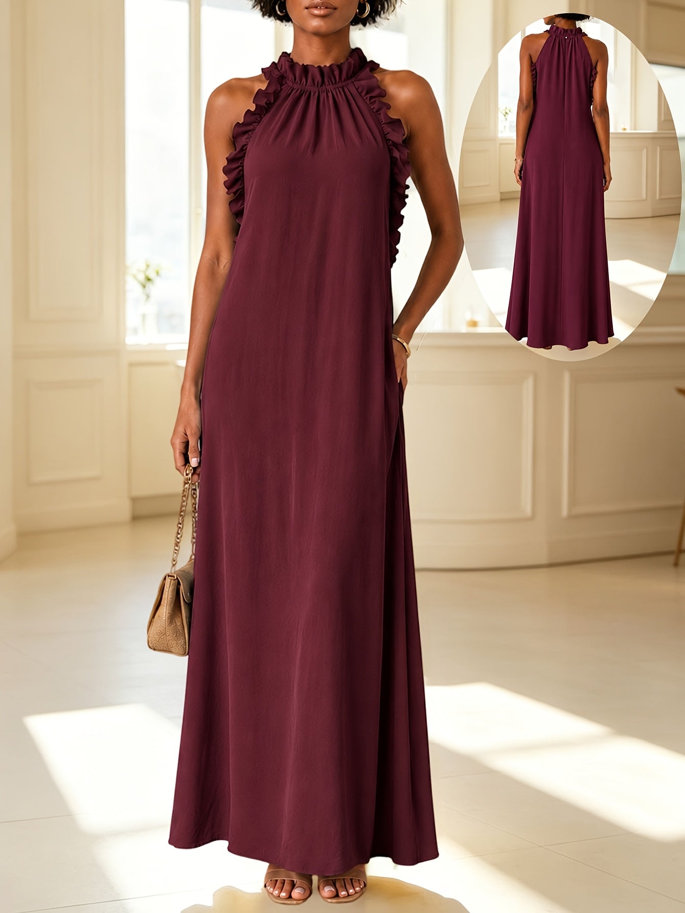 Summer Vacation Style Leaf-Edge Halter-Neck Sleeveless Dress