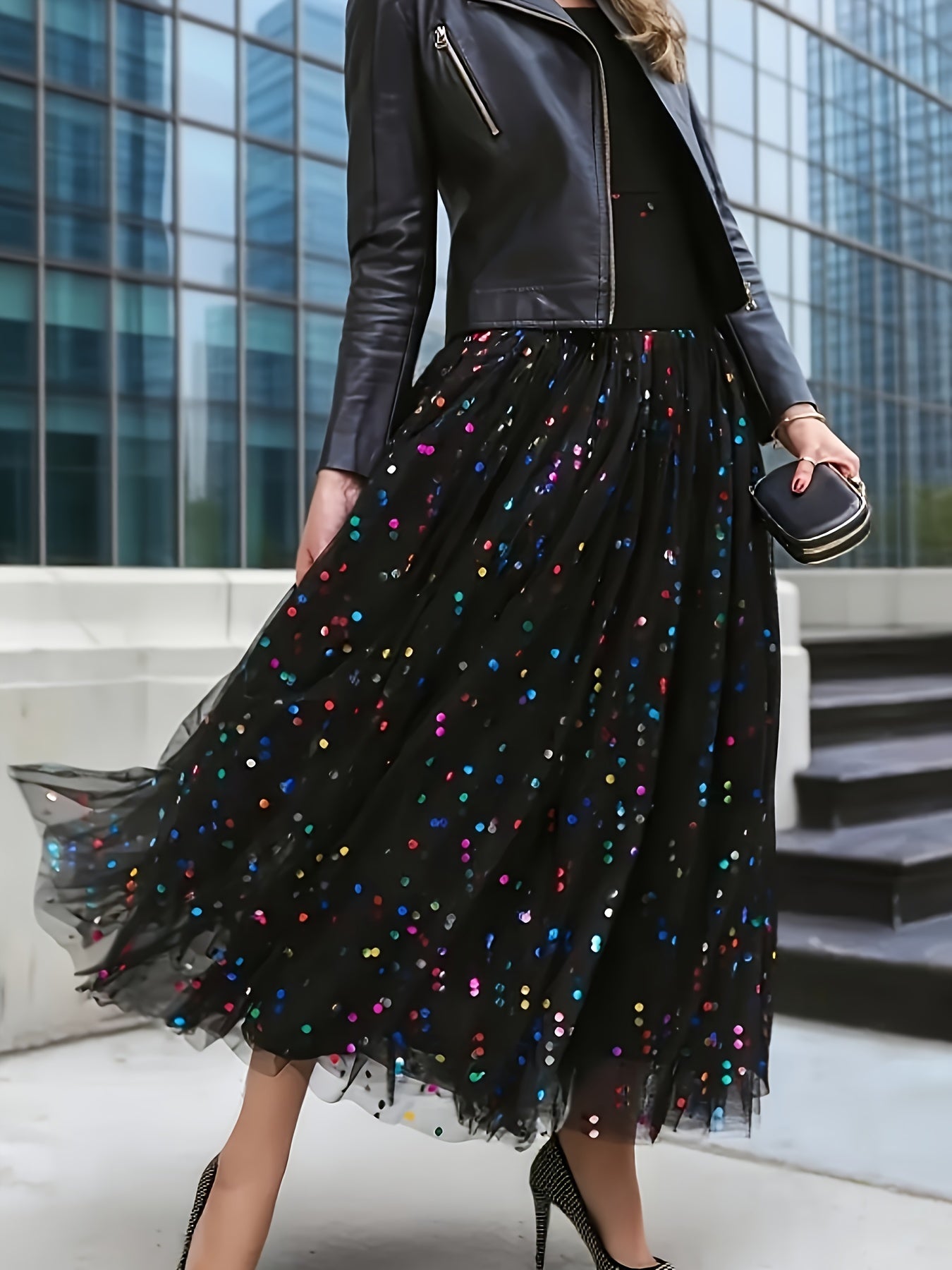 Plus Size, Women's Plus Size Sequin Tulle Midi Skirt, A-Line Sparkle Party Skirt with Colorful Sequins, Perfect for Night Out