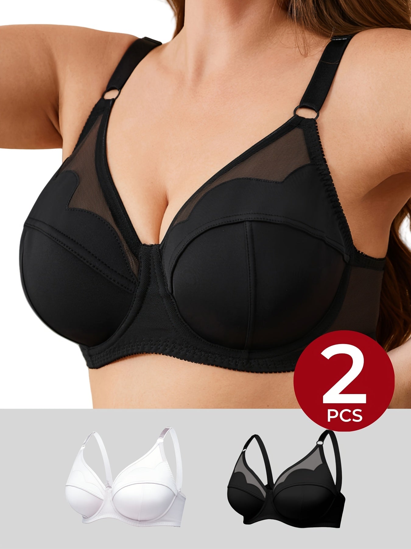 2pcs Set Plus-Size Women'S Underwire Bras, Comfortable And Breathable U-Shaped Back Design, with Adjustable Straps, Elegant Everyday Supportive Close-Fitting Underwear, Comfortable Lingerie, Non-Padded Bras