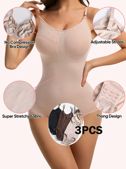 [3pcs Bodysuits Tummy Control] 3pcs Seamless Body Shaping Bodysuits for Tummy Control, Solid Color, Bodysuits, Fabric, Butt Lifting And Butt Slimmer Body Shaper