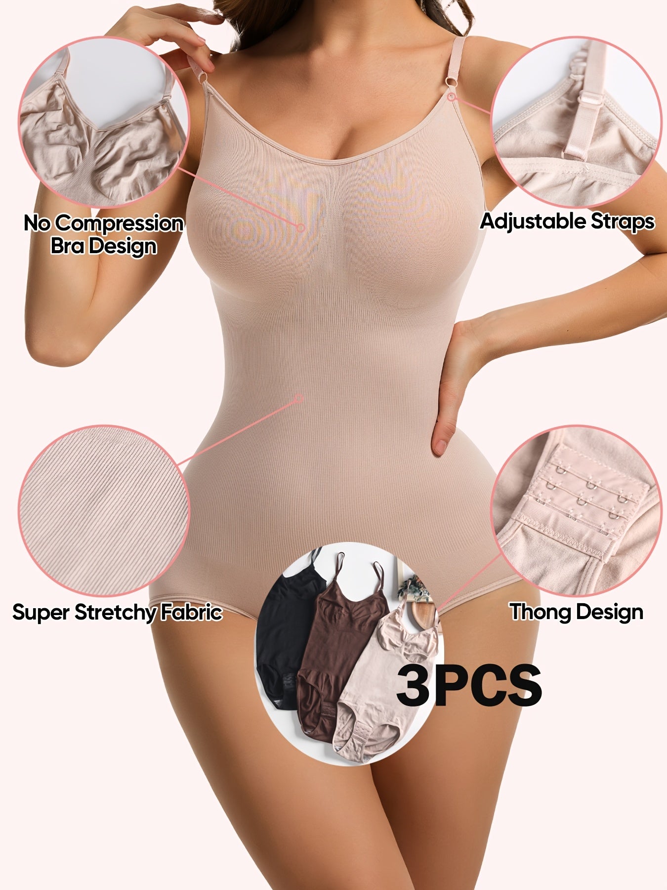 [3pcs Bodysuits Tummy Control] 3pcs Seamless Body Shaping Bodysuits for Tummy Control, Solid Color, Bodysuits, Fabric, Butt Lifting And Butt Slimmer Body Shaper