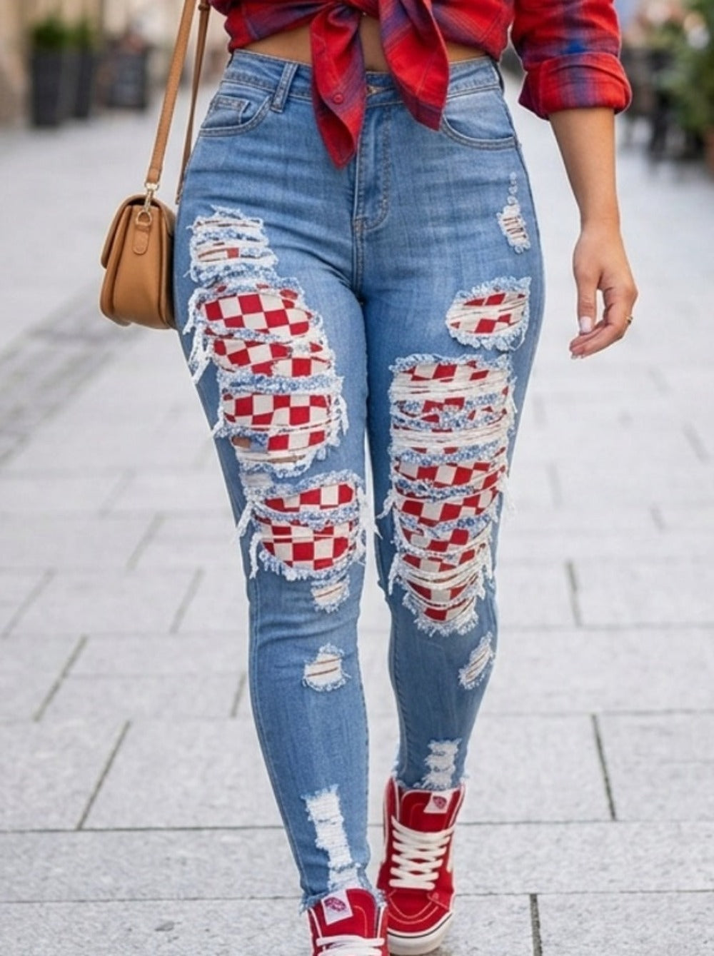 Women's Skinny Jeans - Medium Blue Distressed