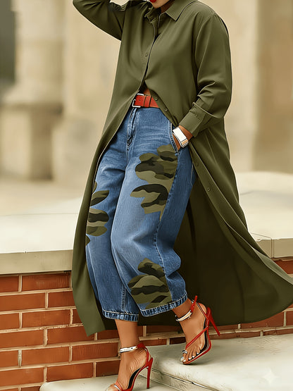 Red Women's Button Maxi Shirt Dress, Casual Long Sleeve Lapel Collar Loose Fit Duster Dress, Dress Only (Pants Not Included)