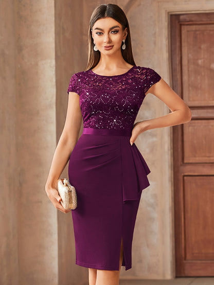 [Wedding Guest Graduation] 13169 Womens Elegant Sequin Lace Bridesmaid Midi Dress With Cap Sleeves Ruffle Hem Round Neck Side Slit For Summer Wedding Guest Graduation Formal Party Evening Event