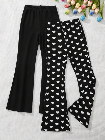 2pcs Girls' Heart Print & Solid Black Flare Leg Pants - Stretchable Bell-Bottom Trousers with Heart Patterns, Machine Washable Suitable for Outdoor Play, Dance, Gym, Casual Wear, All-Season for Aged 3+, Perfect for Outdoor