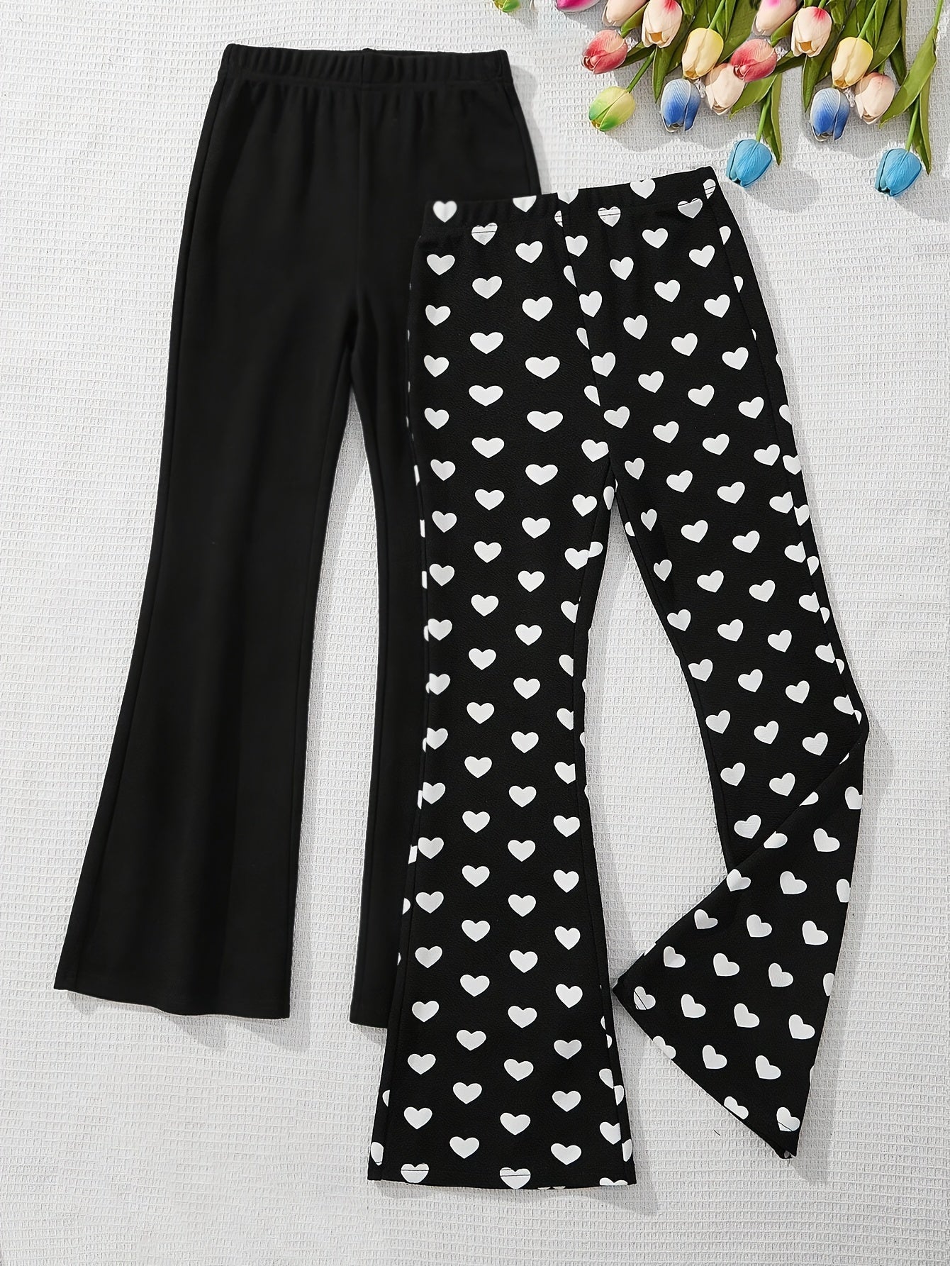 2pcs Girls' Heart Print & Solid Black Flare Leg Pants - Stretchable Bell-Bottom Trousers with Heart Patterns, Machine Washable Suitable for Outdoor Play, Dance, Gym, Casual Wear, All-Season for Aged 3+, Perfect for Outdoor