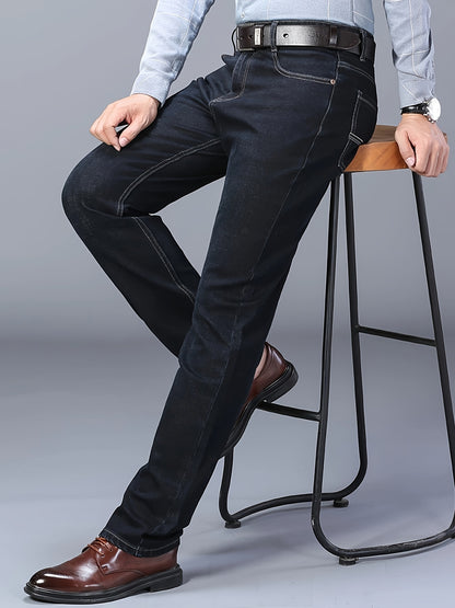 Men's Classic Straight-Leg Stretch Denim Jeans - Water-Washed Black Casual & Business Casual Pants, All-Season Machine Washable Regular Fit