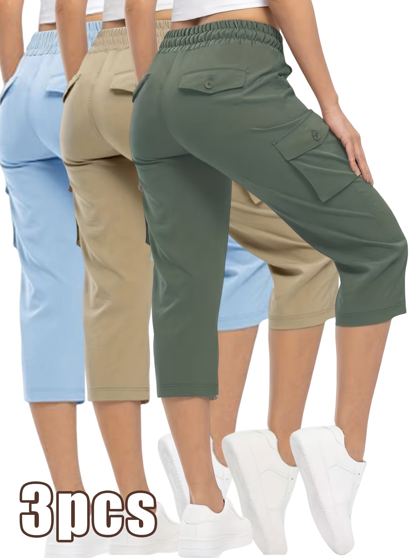 3pcs Women'S Fashionable Cargo Capri Pants for Summer, with Elastic Waistband And Pockets - Casual Sports Capri Pants, Breathable Blend