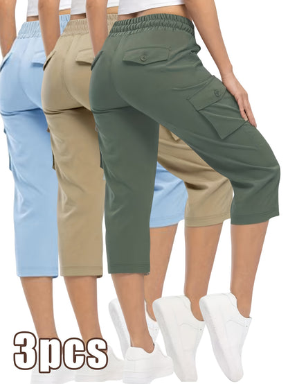 3pcs Women'S Fashionable Cargo Capri Pants for Summer, with Elastic Waistband And Pockets - Casual Sports Capri Pants, Breathable Blend