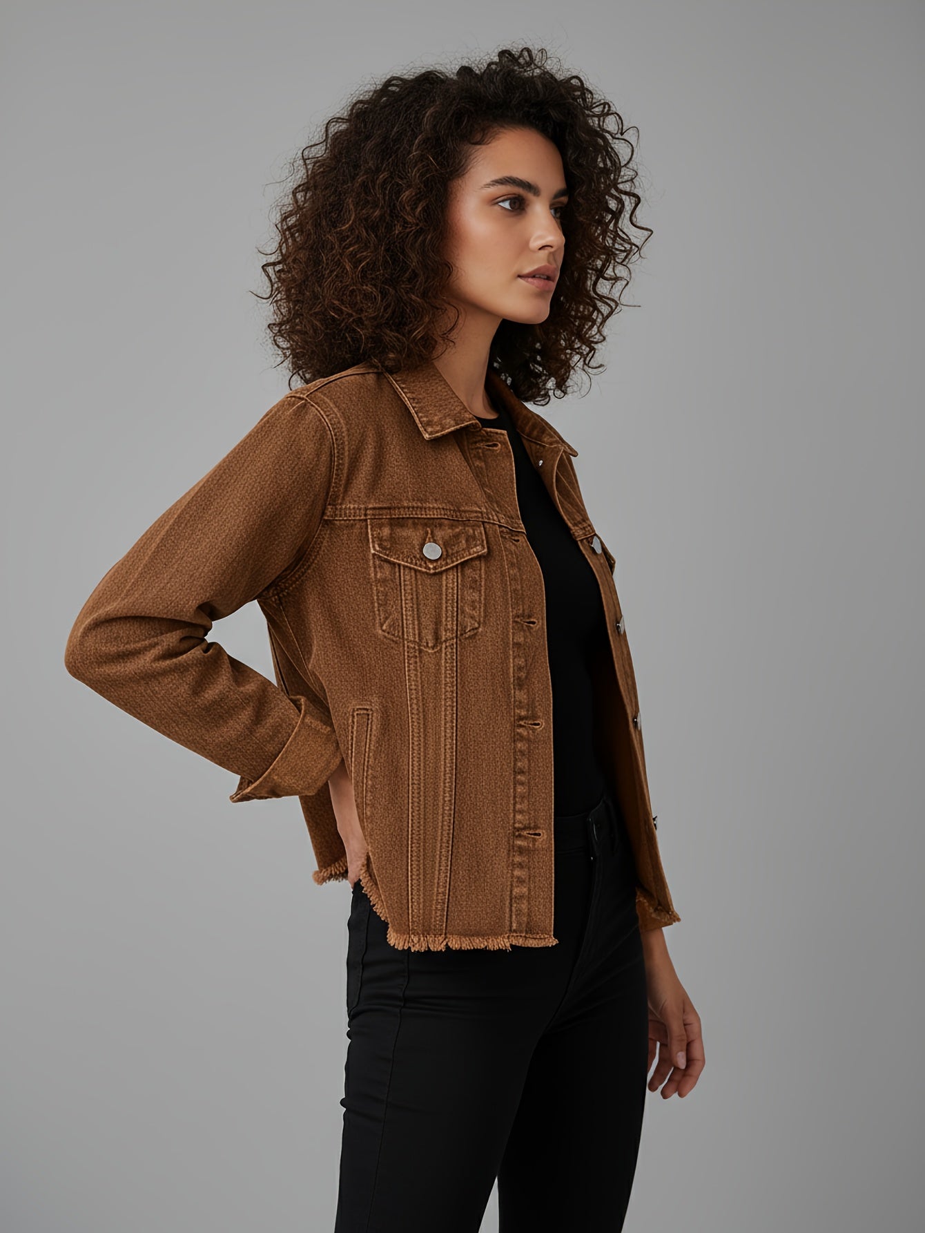 Women's Ripped Washed Button-Up Denim Jacket Coat with Pockets, Casual Classic Distressed Denim Outerwear TZ001
