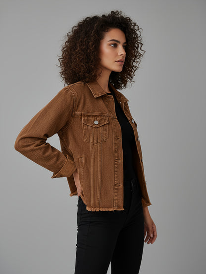 Women's Ripped Washed Button-Up Denim Jacket Coat with Pockets, Casual Classic Distressed Denim Outerwear TZ001