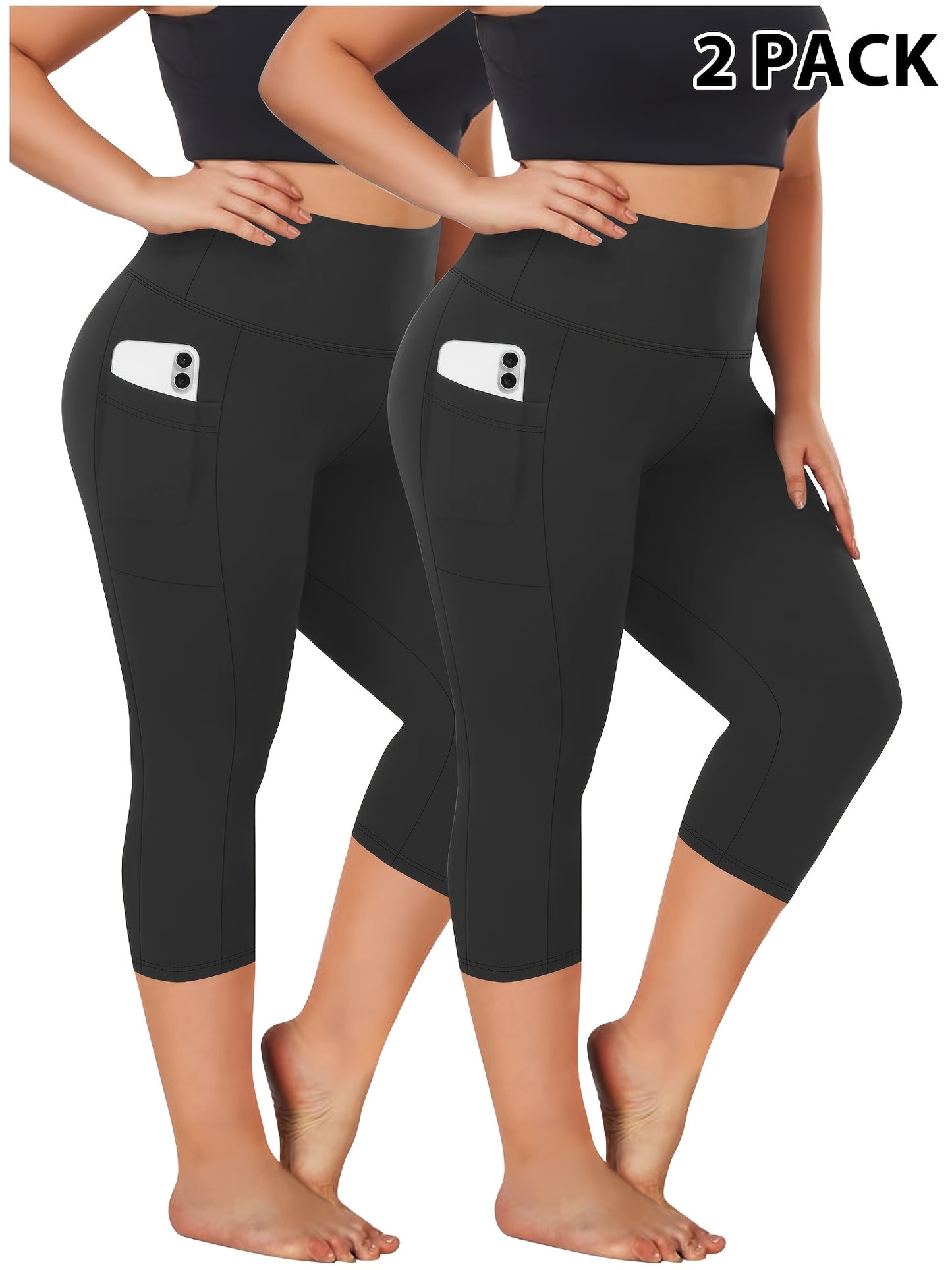 Plus Size - 2pcs Set - Plus Size High-Waisted Pocket Capri Pants - Soft Suitable for And Workouts - Elegant Style - New Spring And Summer Collection - Targeted Design