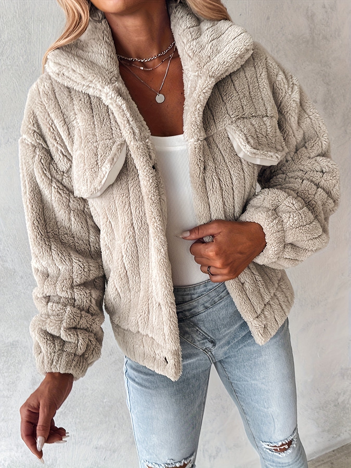 Women's Luxurious Plush Jacket - Soft Pink Winter Coat with Stand-Up Collar & Button-Front Closure, Cozy Blazer Suitable for Outerwear, Machine Washable Warm Jacket for Fall/Winter, Clothing