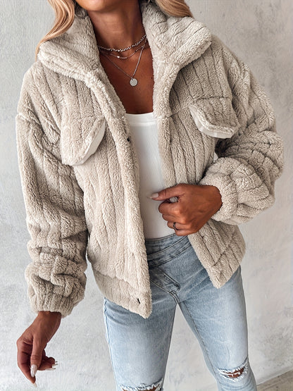 Women's Luxurious Plush Jacket - Soft Pink Winter Coat with Stand-Up Collar & Button-Front Closure, Cozy Blazer Suitable for Outerwear, Machine Washable Warm Jacket for Fall/Winter, Clothing