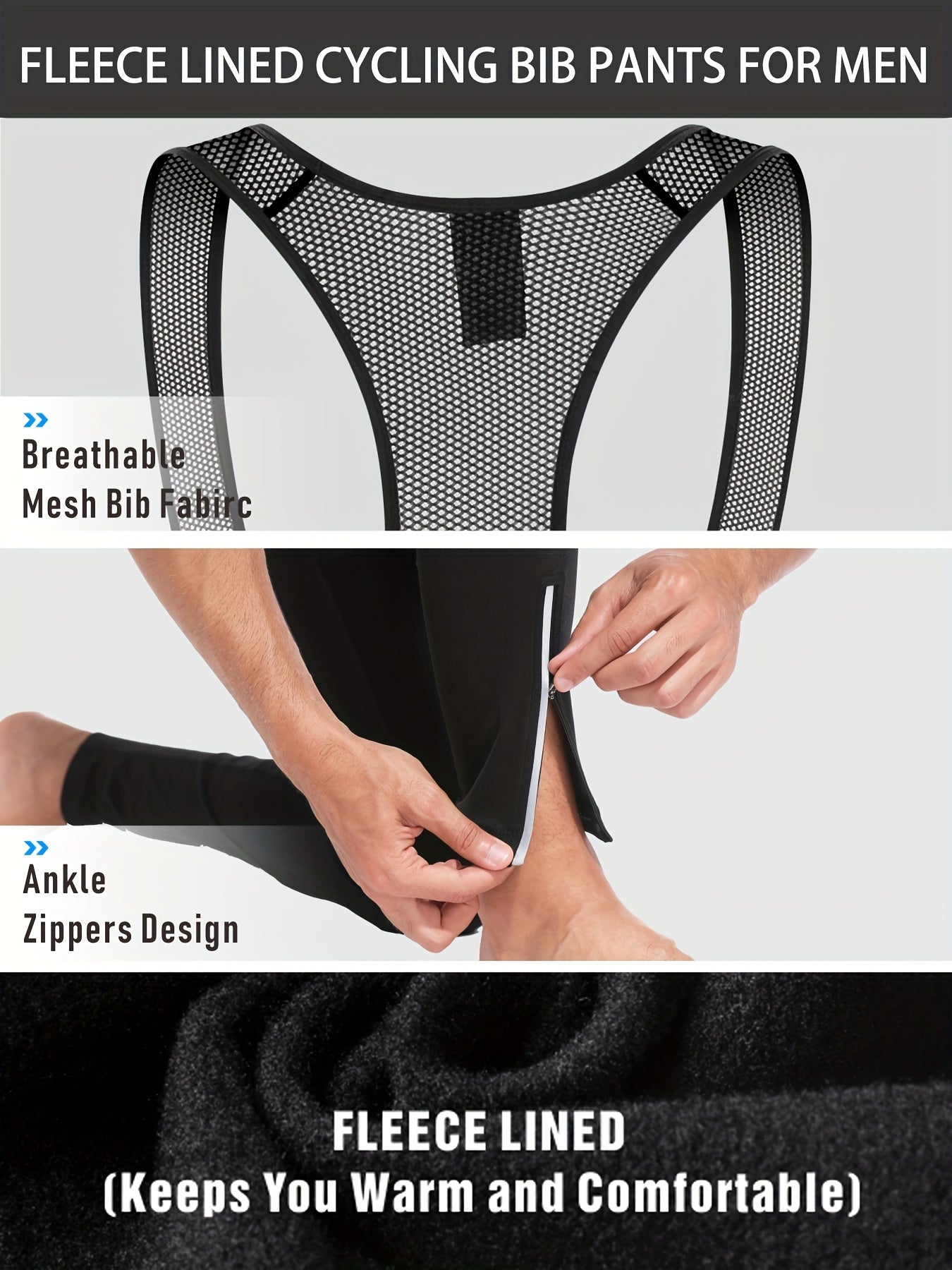 QUALICOS Men'S Insulated Cycling Bib Tights - Cold Weather Pants Featuring Fleece Lining, Shock-Absorbing Padding, Stretchy Mesh Material, Side Pockets & Ankle Zippers - Form-Fitting Bike Leggings for Winter Cycling, Running, And Commuting - Black