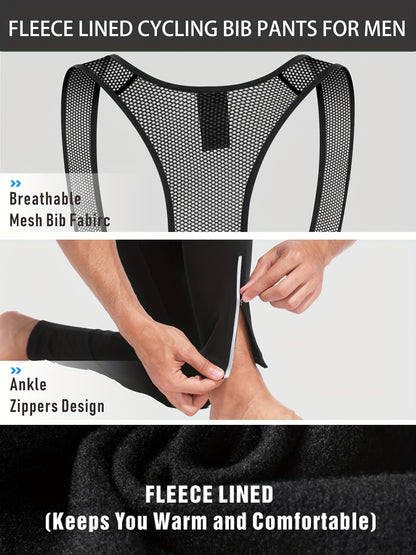 QUALICOS Men'S Insulated Cycling Bib Tights - Cold Weather Pants Featuring Fleece Lining, Shock-Absorbing Padding, Stretchy Mesh Material, Side Pockets & Ankle Zippers - Form-Fitting Bike Leggings for Winter Cycling, Running, And Commuting - Black