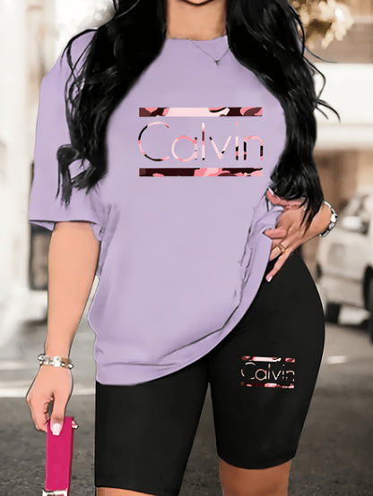 Women's 2pcs Oversized T-Shirt & Fitted Shorts Matching Outfit - Oversized T-Shirt with Fitted Shorts, Lettering Print Streetwear Lounge Wear, 2pcs Set Suitable for - Casual Wear, Machine Washable Matching
