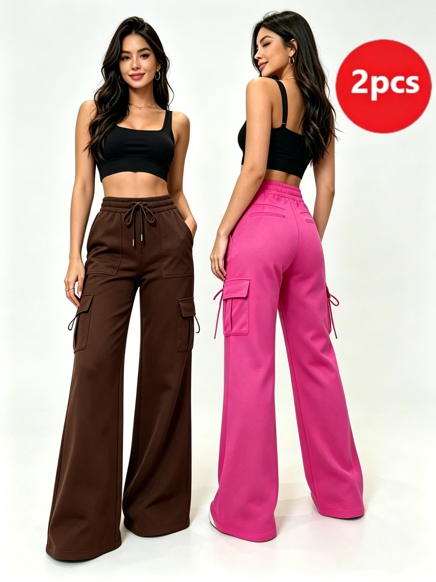 Women'S Solid Color Casual Drawstring Wide-Leg Sweatpants With Pockets, Elastic Waist Micro Flare Cargo Pants, Stretchy Pants For Daily Casual & Wear