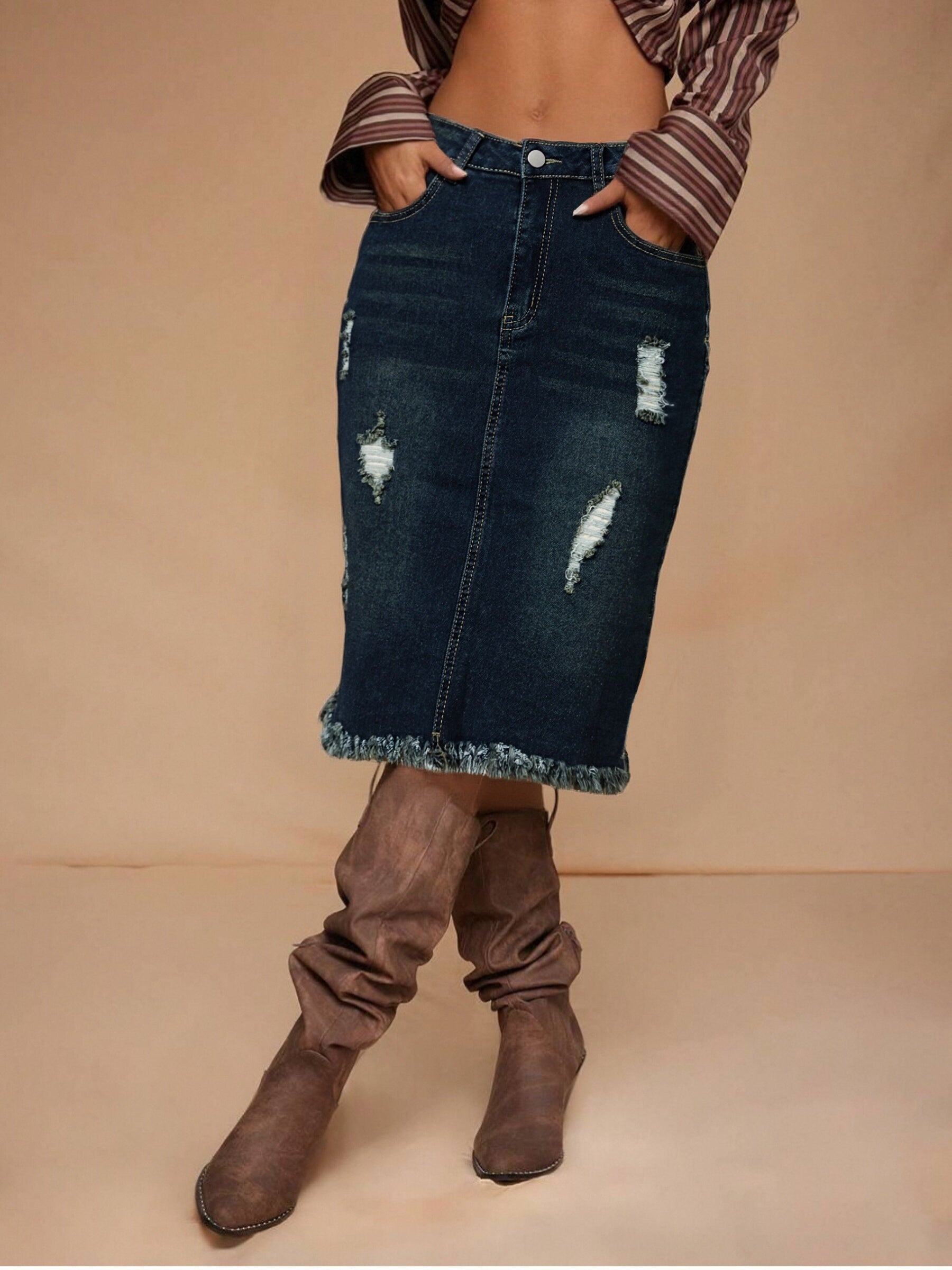 Women's Navy Color Denim Printed Skirt - product view 2