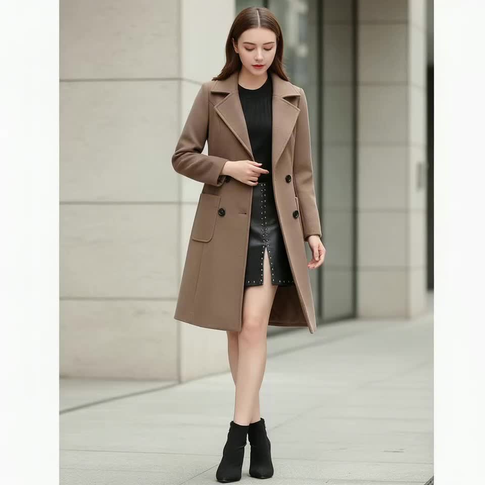 Elegant Women's Solid Black Long Coat - Chic Double-Breasted, Open Front Jacket with Lapel Collar and Pockets - Perfect for Fall & Winter Fashion