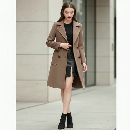 Elegant Women's Solid Black Long Coat - Chic Double-Breasted, Open Front Jacket with Lapel Collar and Pockets - Perfect for Fall & Winter Fashion