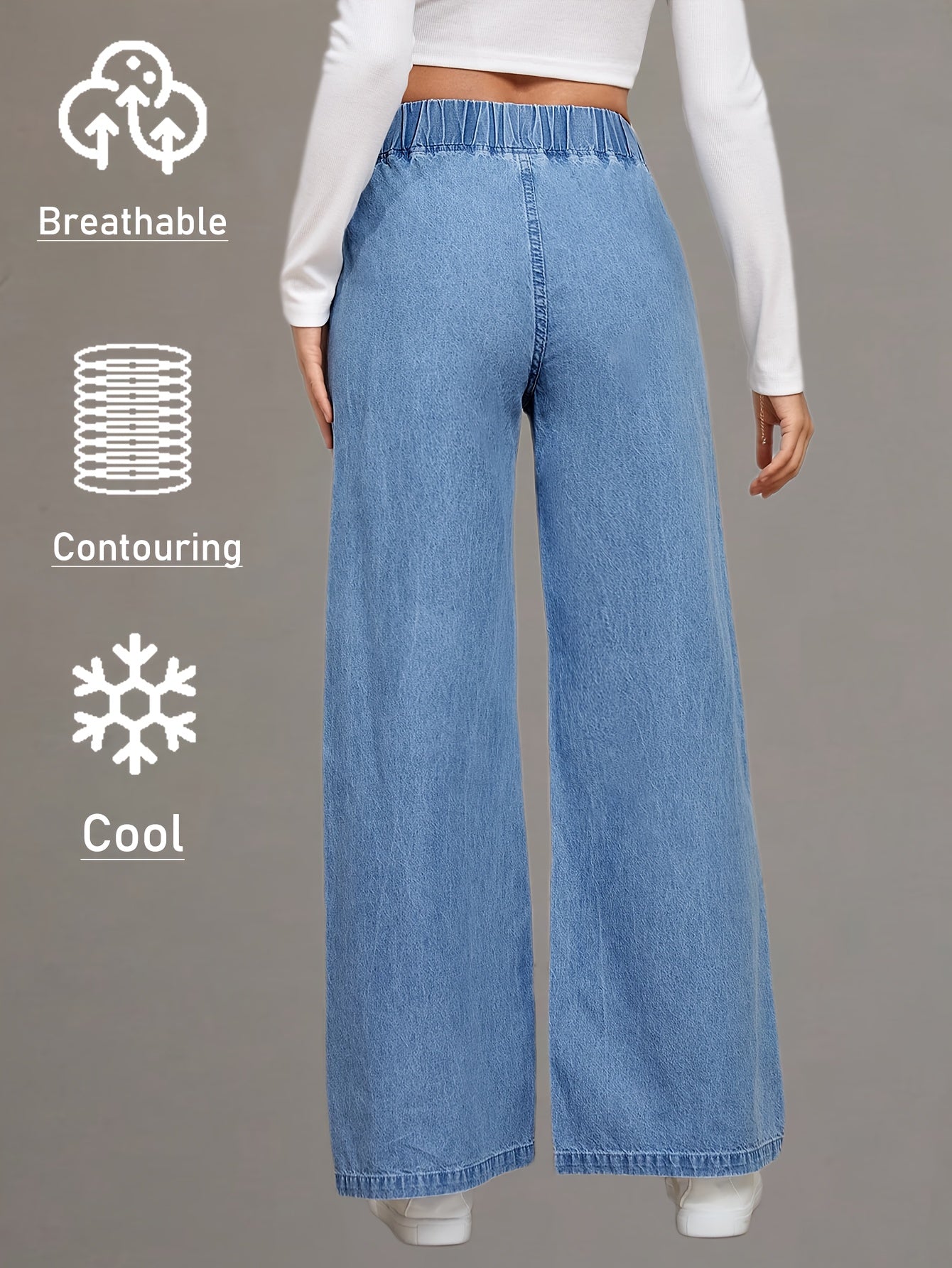 Women's Versatile Mid-blue Casual Stretch Waist Wide-leg Loose Regular Lightweight Denim Jeans