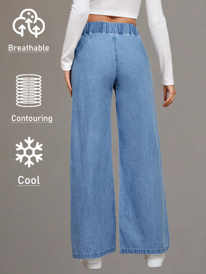 Women's Versatile Mid-blue Casual Stretch Waist Wide-leg Loose Regular Lightweight Denim Jeans