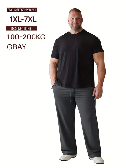 3pcs Men's Big & Tall Lightweight Casual Pants 1XL-7XL, Elastic Waistband with Adjustable Drawstring, Breathable Fast-Dry Wrinkle-Resistant Fabric, Secure Dual Zip Pockets, Comfort Lounge Trousers for Home & Travel, Plain Comfortable Trousers, Breathable