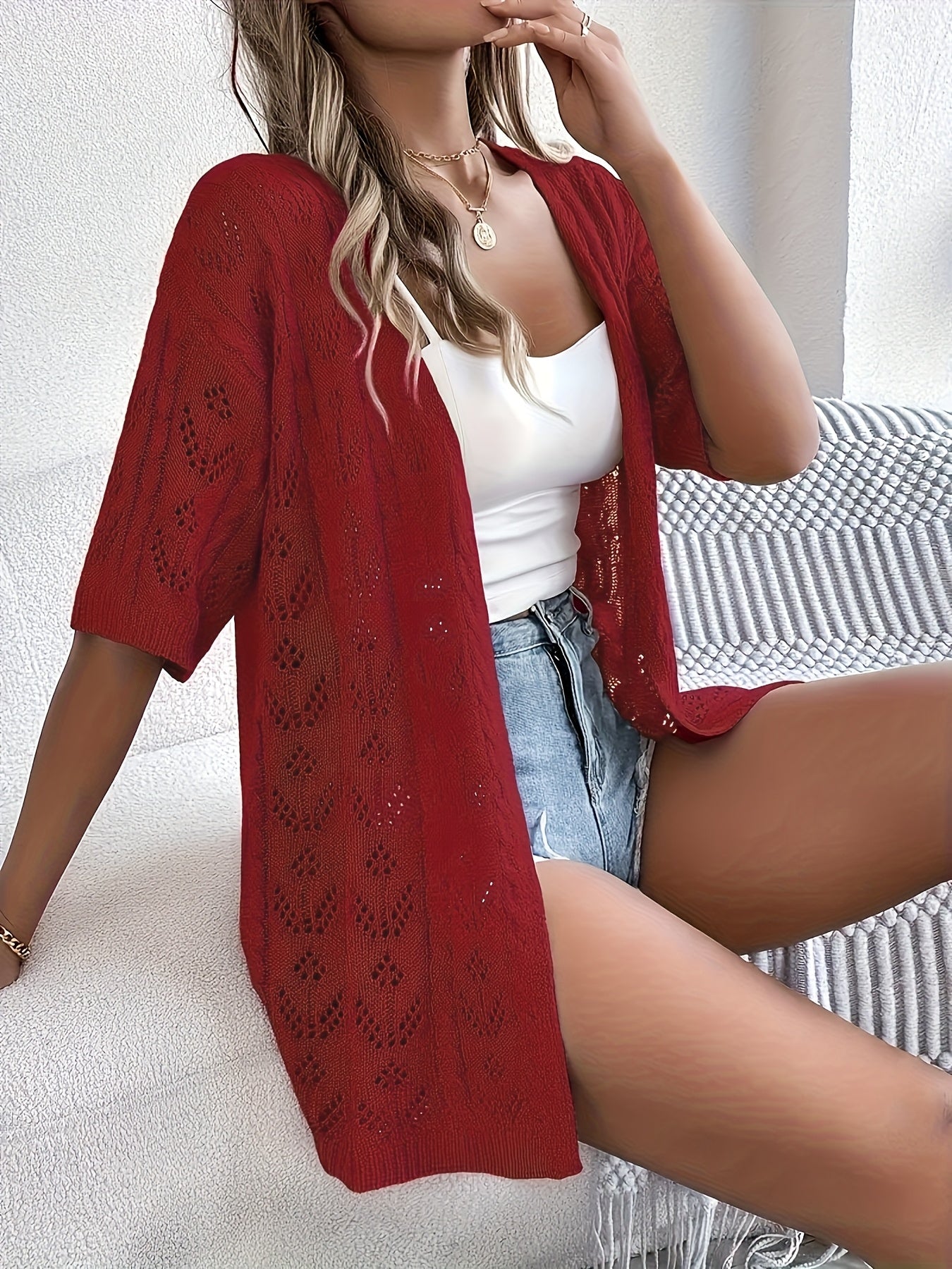 Plus Size, Plus Size Women's Lightweight Lace- Cardigan - Open Front Semi-Sheer Cover-Up with Cut-Out Design, Casual Chic Spring/Summer Beachwear for Vacation & Leisure, Summer Layering Piece | Elegant Cardigan | Elegant Craftsmanship, Lace Cardigan