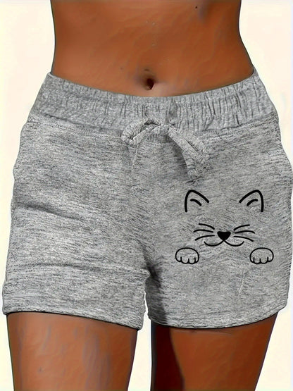 Casual Women'S Shorts Featuring a Printed Cat Face Design with Cartoonish Facial Features And a Drawstring for Comfort