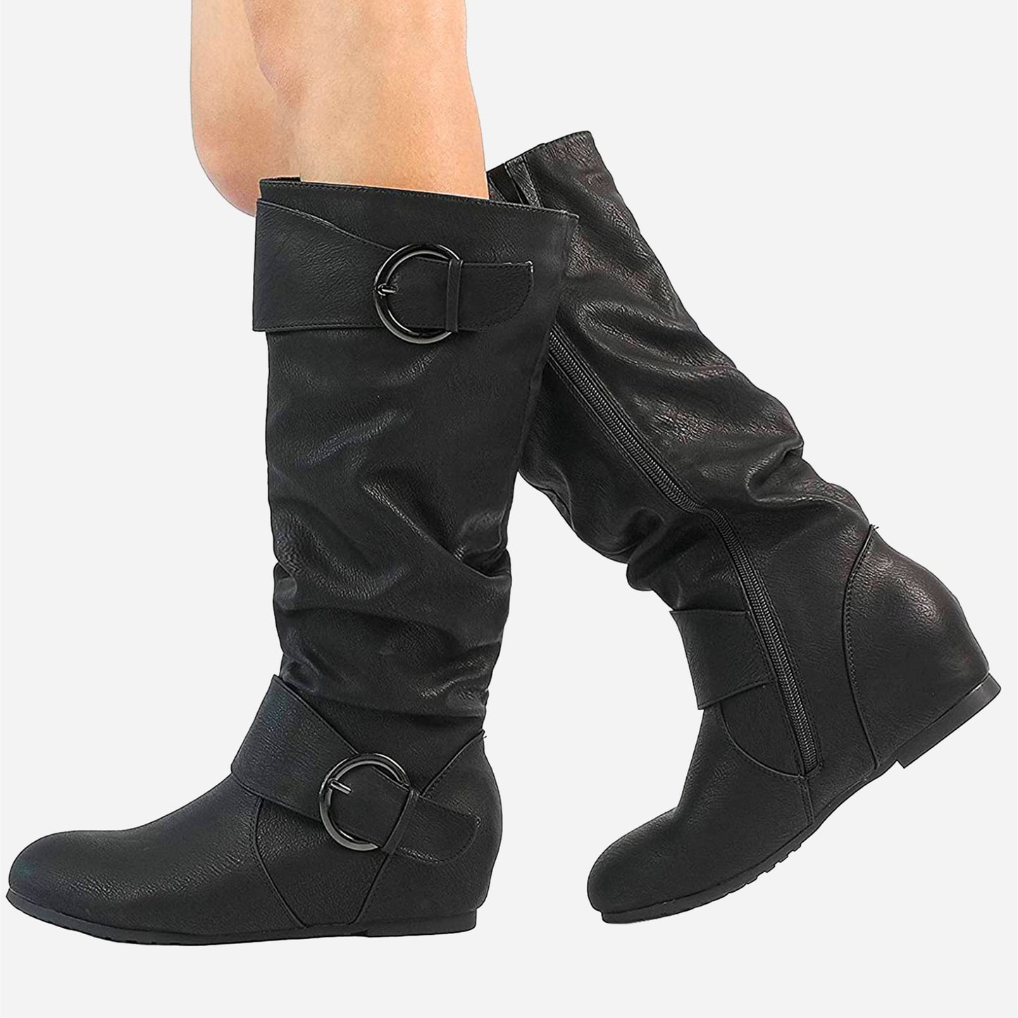 DREAM PAIRS Women's Wide Calf Knee High Boots, Fur-lined Low Hidden Wedge Boots