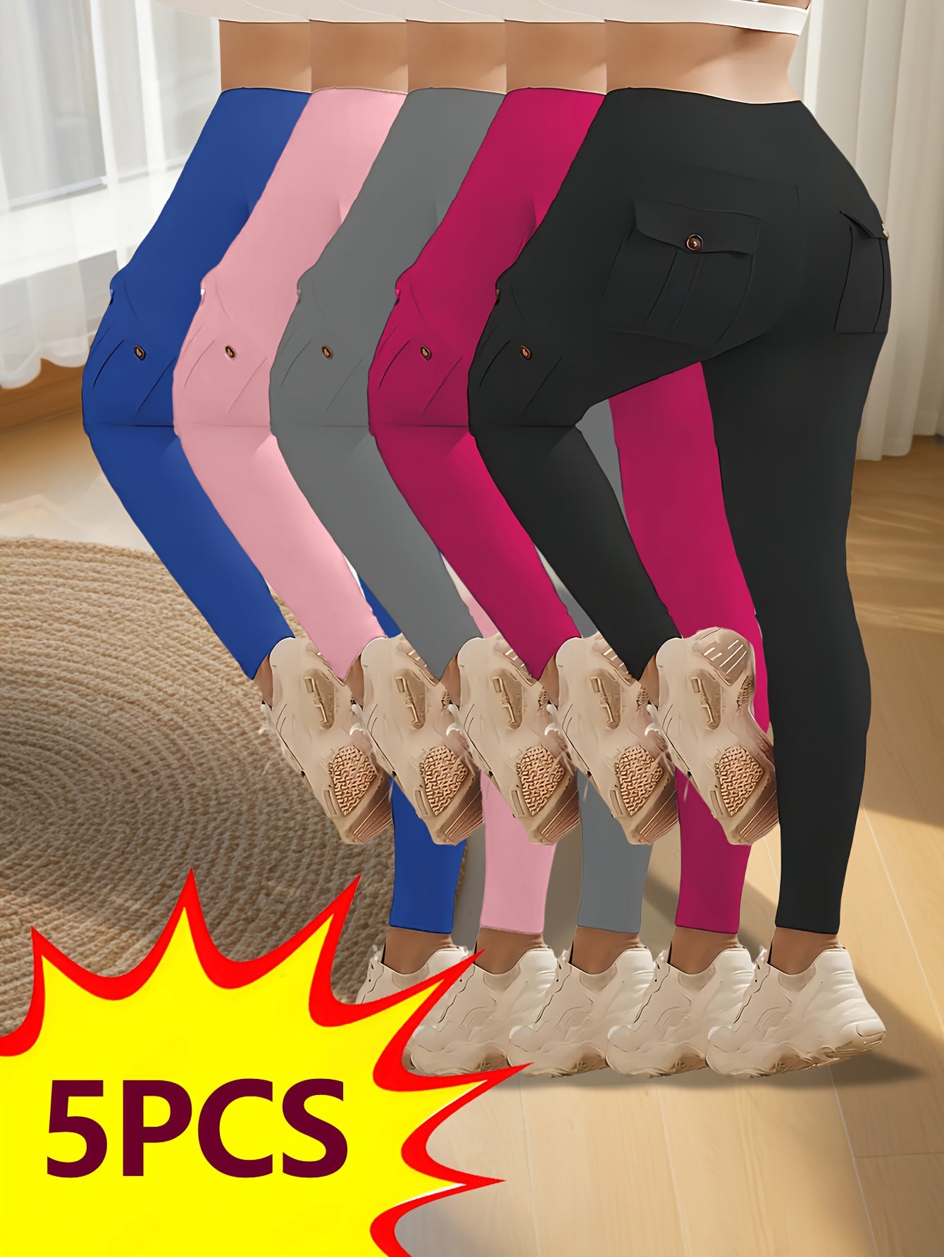 5pcs High-waisted Yoga Pants with 4 Button Pockets, Elastic Buttocks Lifting, Shaping And Abdominal Tightening Running Yoga Pants, Women's Yoga Stretching Exercise Pants, 5pcs Yoga Pants Set, Women's Yoga Pants Set