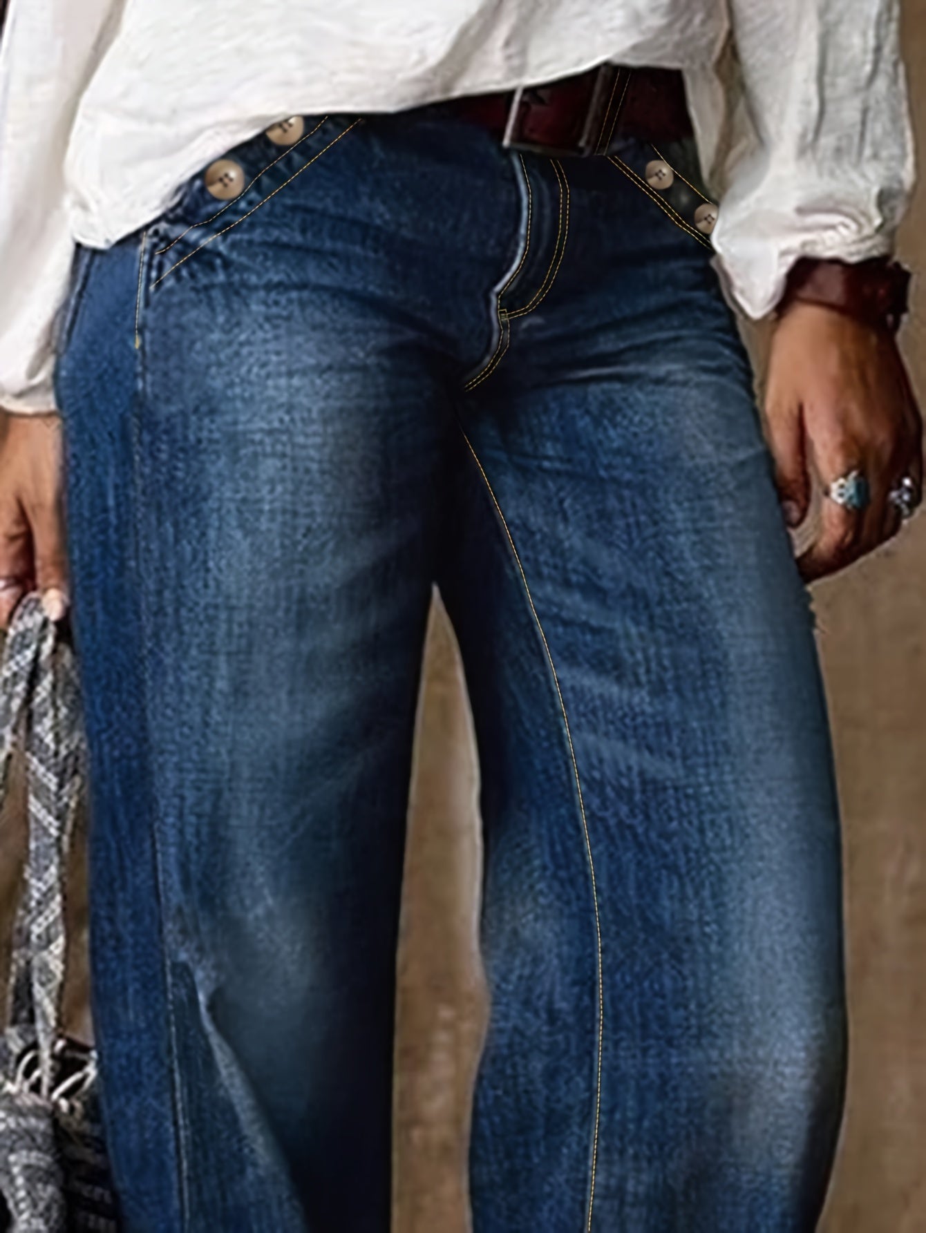 Women's Casual Waist Straight Jeans, Classic Street Style Baggy Jeans