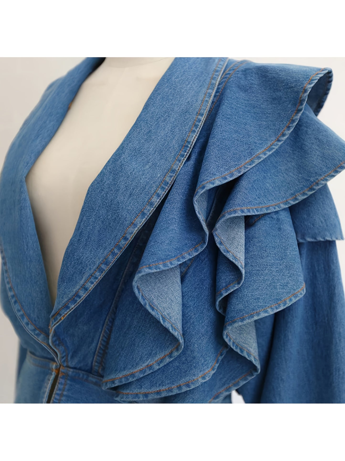 Women'S Washed Light Blue V-Neck Cropped Denim Jacket, Design Sense Ruffled Long Sleeve Waist Cinched Denim Cardigan