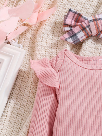 2pcs Baby Girl Autumn And Winter Long-Sleeved Pink Romper with Plaid Pants And Hat Set, for Outdoor, Perfect for Outdoor