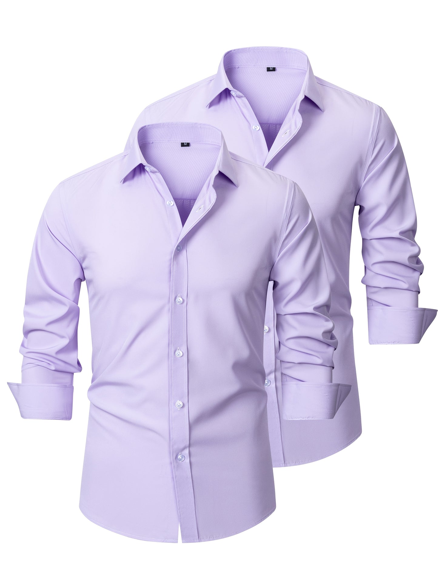 2pcs Men's Long Sleeve Dress Shirts - Elegant White, Stretchy Fabric, Business Casual, Unwrinkled, Single-Breasted with Lapel Collar, All-Season Wear, Casual Attire|Elegant Lapel Shirt|Stretchy Fabric
