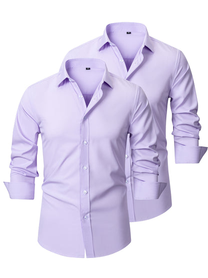 2pcs Men's Long Sleeve Dress Shirts - Elegant White, Stretchy Fabric, Business Casual, Unwrinkled, Single-Breasted with Lapel Collar, All-Season Wear, Casual Attire|Elegant Lapel Shirt|Stretchy Fabric