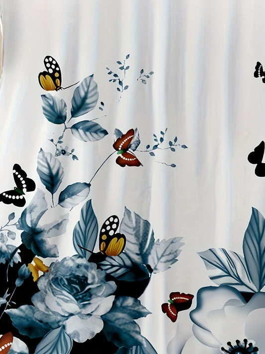 Elegant Butterfly & Floral Print V-Neck Top - Polyester, Machine Washable - Perfect for All Seasons