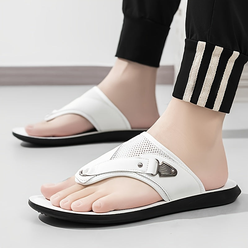 Men's Faux & Mesh Flip Flops - Toe Post Design with Metal Accent & Breathable Panels, Lightweight Comfort Footwear for Daily Casual, Beach & Poolside Wear