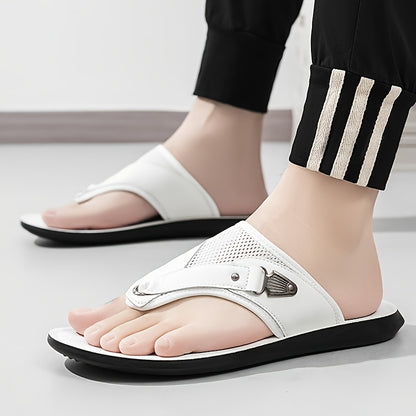 Men's Faux & Mesh Flip Flops - Toe Post Design with Metal Accent & Breathable Panels, Lightweight Comfort Footwear for Daily Casual, Beach & Poolside Wear