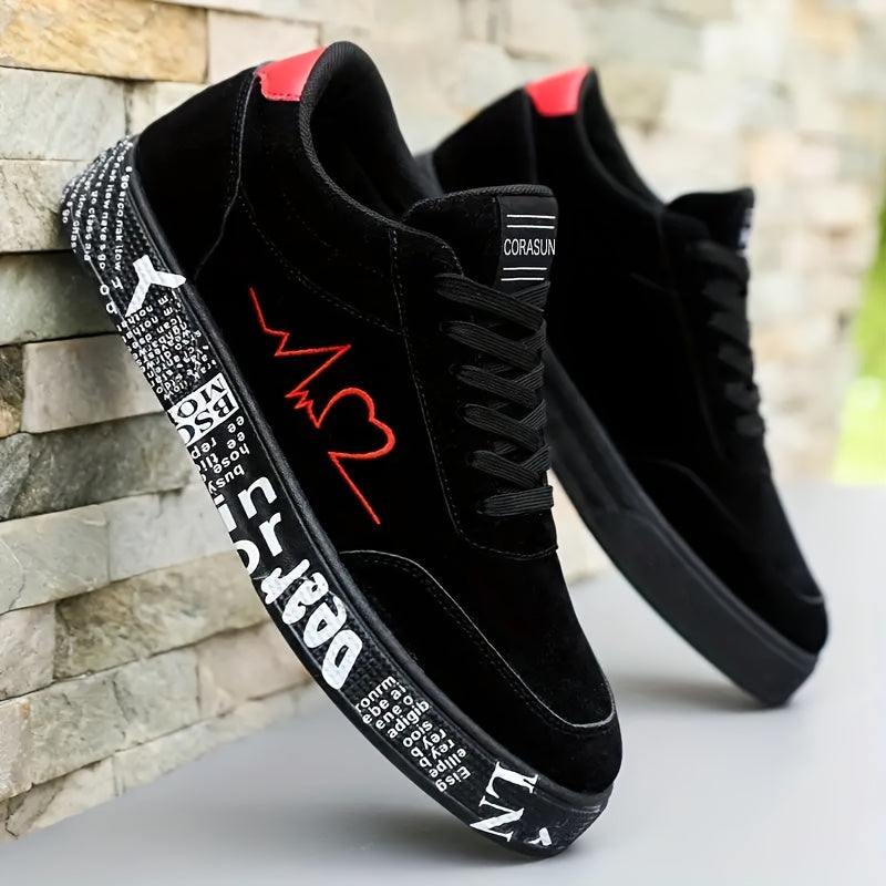 Men's Trendy Skateboarding Sneakers for All Seasons - Electrocardiogram & Heart Pattern Design, Street-Style Fashion Sneakers Suitable for Street Skateboarding And Daily Wear