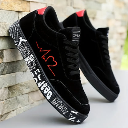 Men's Trendy Skateboarding Sneakers for All Seasons - Electrocardiogram & Heart Pattern Design, Street-Style Fashion Sneakers Suitable for Street Skateboarding And Daily Wear