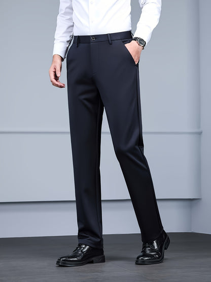 Men's High-elasticity Anti-wrinkle Straight-leg Dress Pants, High-waisted Business Casual Long Pants, Button And Zipper Design, Machine-washable All-season Classic Solid Color Suit Pants, Professional Clothing, Wear-resistant Fabric, Formal Wear