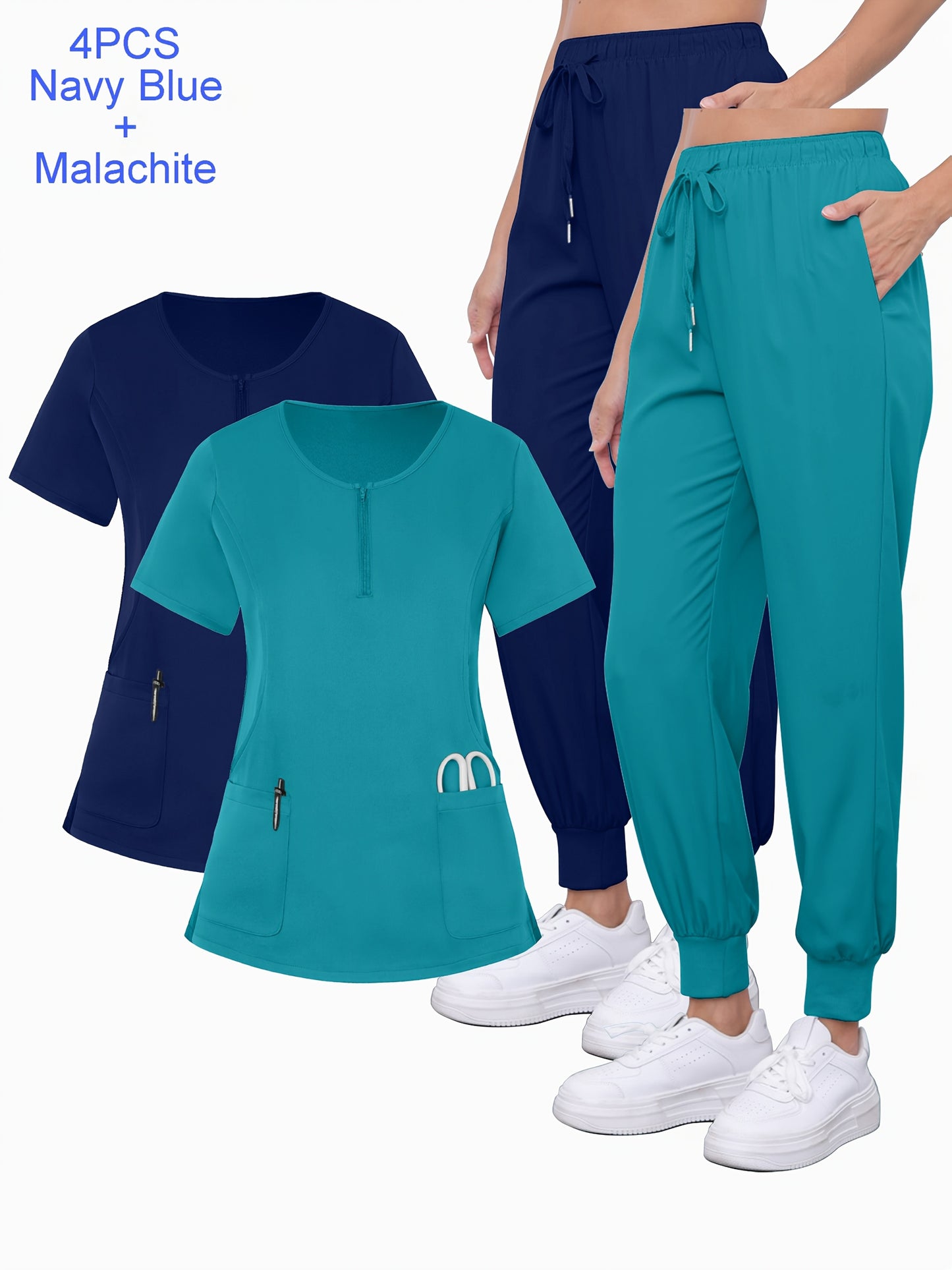 4pcs Set Of Multi-color Women's Round Neck Zipper Matte Breathable Sports Uniform Pocket Hand Washing Work Clothes Brush Hand Clothes Tying Feet Pants Set