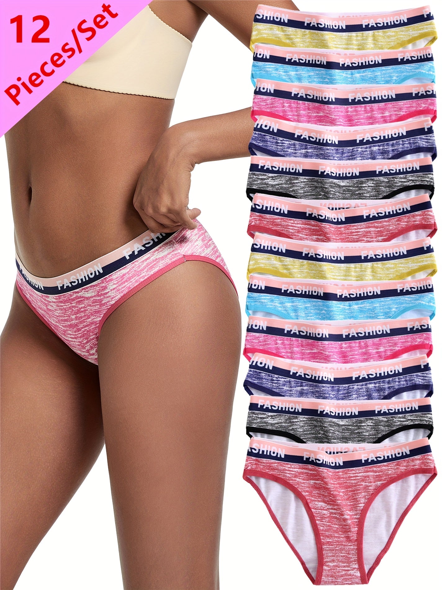 12pcs Camo Print Briefs for Women, Breathable Letter Print Sexy Panties Women's Colorful Striped Underwear Set